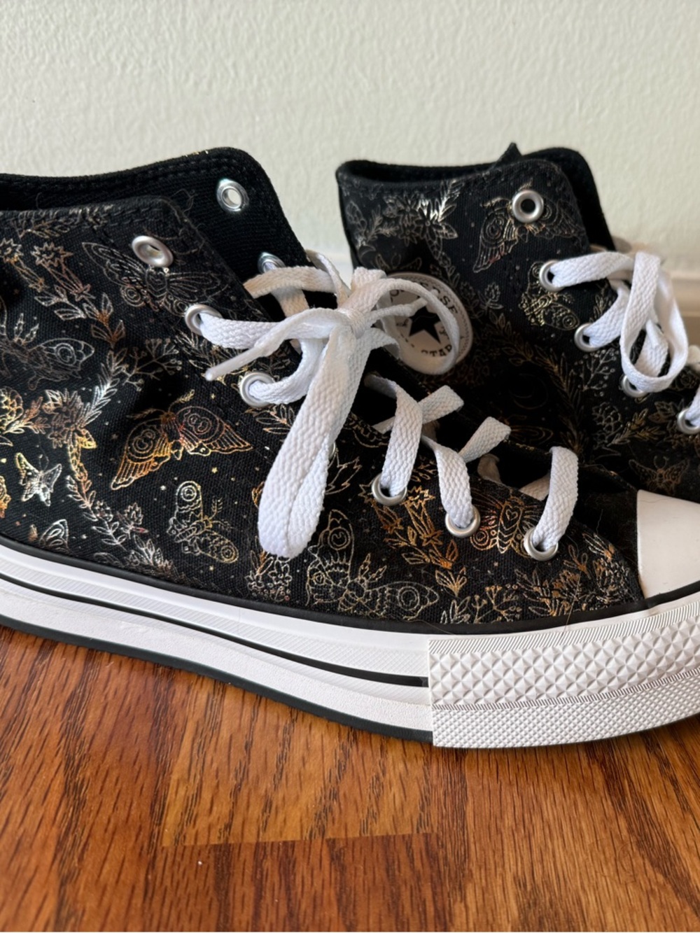 Converse Black High Tops with Gold Floral and Moth Print